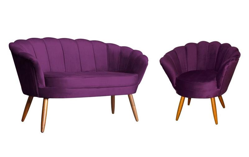 Imagem de Kit Namoradeira + 1 Poltrona Decorativa Pétala Veludo Roxo Pés Madeira Mz Decor