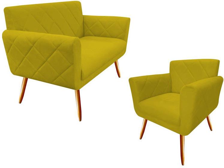 Imagem de Kit Namoradeira + 1 Poltrona Decorativa Sabrina Couro Amarelo Pés Madeira Ms Decor