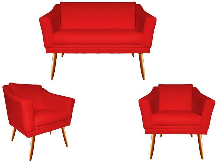 Imagem de Kit Namoradeira + 2 Poltronas Decorativa Agatha Suede Vermelho Pés Madeira Ms Decor