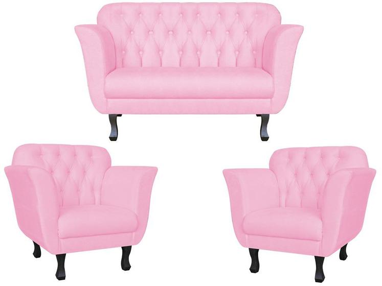 Imagem de Kit Namoradeira + 2 Poltronas Decorativa Dália Suede Rosa Bebê Pés Madeira Mz Decor