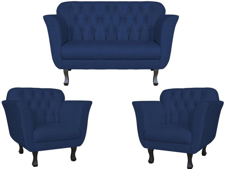 Imagem de Kit Namoradeira + 2 Poltronas Decorativa Helena Suede Azul Marinho Pés Madeira Mz Decor