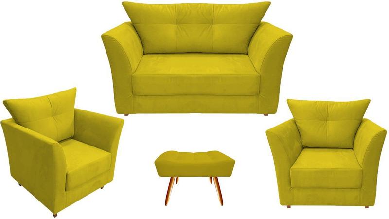 Imagem de Kit Namoradeira + 2 Poltronas Decorativa Isis + 1 Puff Retangular Couro Amarelo Pés Madeira Ms Decor