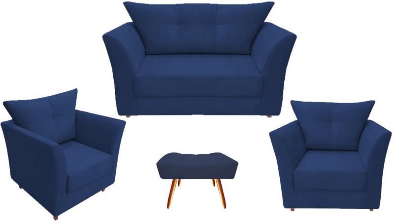 Imagem de Kit Namoradeira + 2 Poltronas Decorativa Isis + 1 Puff Retangular Suede Azul Marinho Pés Madeira Ms Decor