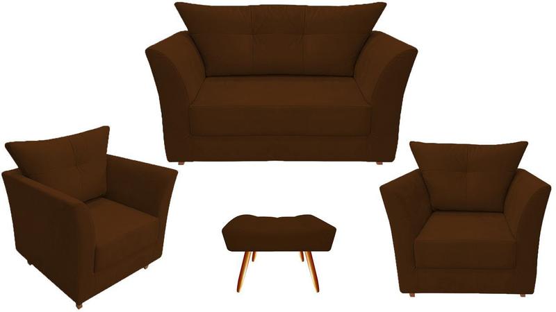 Imagem de Kit Namoradeira + 2 Poltronas Decorativa Isis + 1 Puff Retangular Suede Marrom Pés Madeira Ms Decor