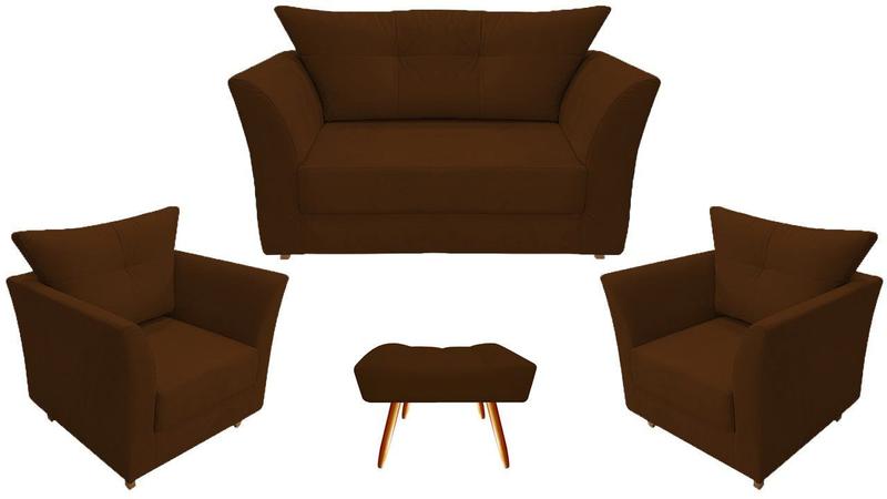 Imagem de Kit Namoradeira + 2 Poltronas Decorativa Isis + 1 Puff Retangular Suede Marrom Pés Madeira Mz Decor