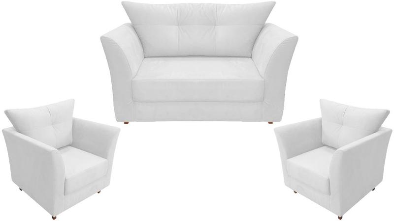 Imagem de Kit Namoradeira + 2 Poltronas Decorativa Isis Couro Branco Pés Madeira Mz Decor