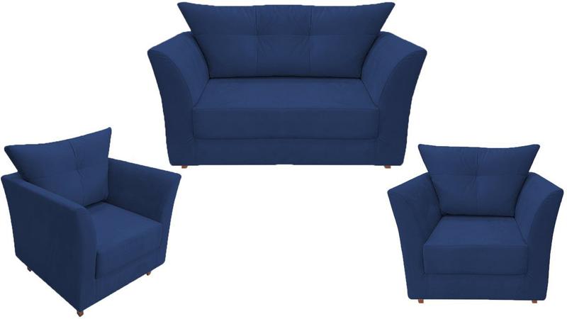 Imagem de Kit Namoradeira + 2 Poltronas Decorativa Isis Suede Azul Marinho Pés Madeira Ms Decor