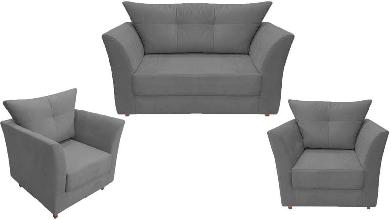 Imagem de Kit Namoradeira + 2 Poltronas Decorativa Isis Suede Cinza Pés Madeira Ms Decor