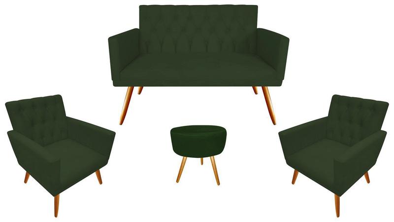 Imagem de Kit Namoradeira + 2 Poltronas Decorativa Nina Capitonê + Puff Redondo Suede Verde Pés Madeira Mz Decor