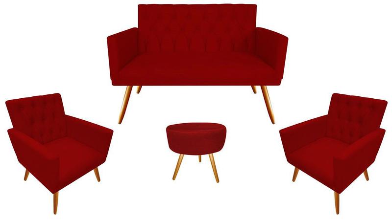 Imagem de Kit Namoradeira + 2 Poltronas Decorativa Nina Capitonê + Puff Redondo Suede Vermelho Pés Madeira Mz Decor