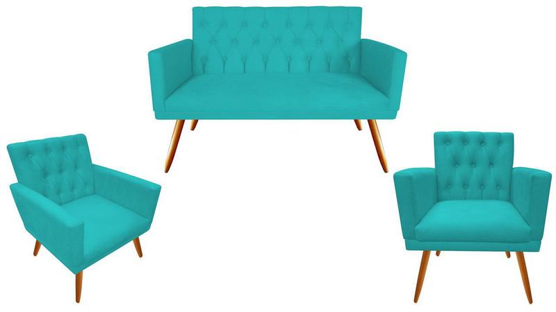 Imagem de Kit Namoradeira + 2 Poltronas Decorativa Nina Capitonê Suede Azul Tifany Pés Madeira Ms Decor