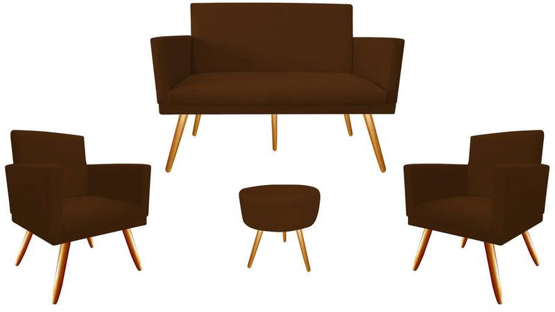 Imagem de Kit Namoradeira + 2 Poltronas Decorativa Nina + Puff Redondo Suede Marrom Pés Madeira Mz Decor