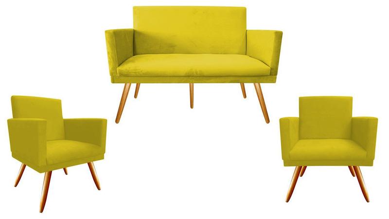 Imagem de Kit Namoradeira + 2 Poltronas Decorativa Nina Suede Amarelo Pés Madeira Ms Decor