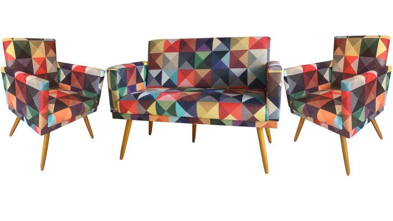 Imagem de Kit Namoradeira + 2 Poltronas Decorativa Nina Suede Triângulo Pés Madeira Mz Decor