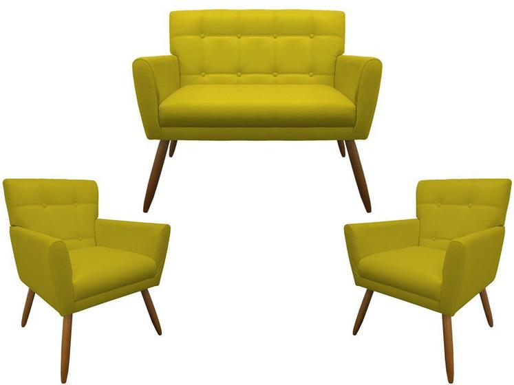 Imagem de Kit Namoradeira + 2 Poltronas Decorativa Onix Couro Amarelo Pés Madeira Mz Decor