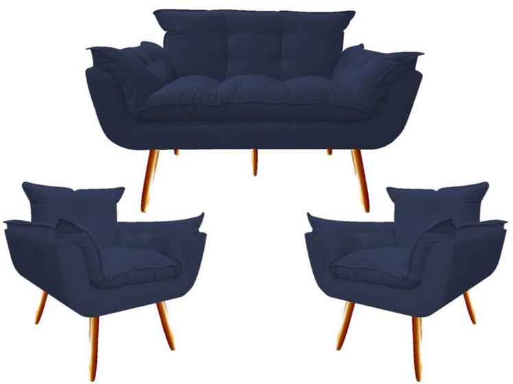 Imagem de Kit Namoradeira + 2 Poltronas Decorativa Opala Suede Azul Marinho Pés Madeira Mz Decor