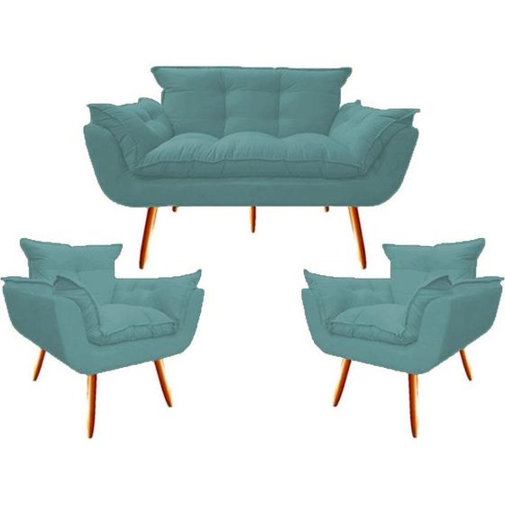 Imagem de Kit Namoradeira + 2 Poltronas Decorativa Opala Suede Turquesa - Twdecora