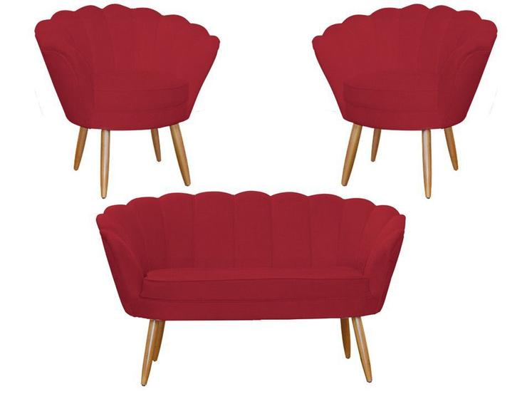 Imagem de Kit Namoradeira + 2 Poltronas Decorativa Pétala Suede Vermelho Pés Madeira Ms Decor