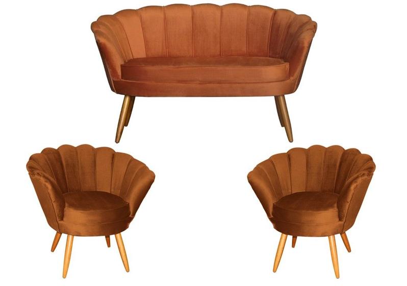Imagem de Kit Namoradeira + 2 Poltronas Decorativa Pétala Veludo Terracota Pés Madeira Mz Decor