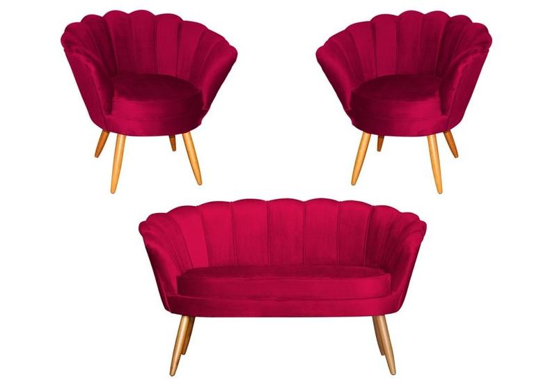 Imagem de Kit Namoradeira + 2 Poltronas Decorativa Pétala Veludo Vermelho Pés Madeira Ms Decor