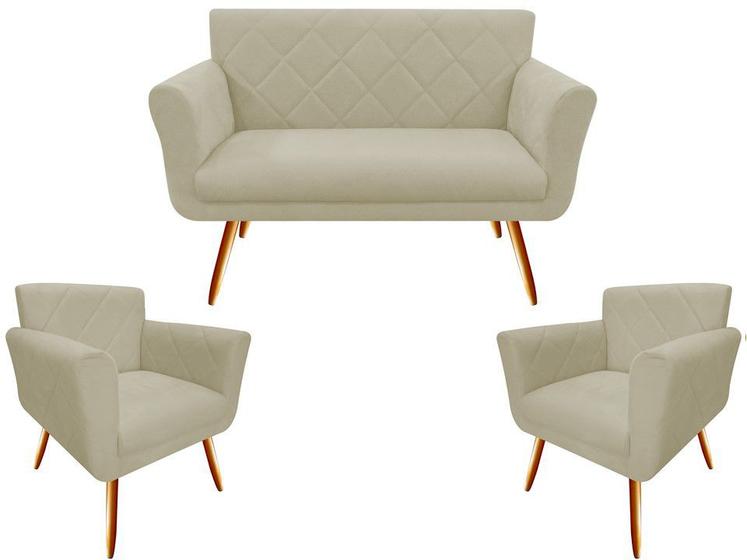Kit Namoradeira + 2 Poltronas Decorativa Sabrina Couro Bege Pés Madeira Mz Decor Menor preço em Kit Namoradeira + 2 Poltronas Decorativa Sabrina Couro Bege Pés Madeira Mz Decor