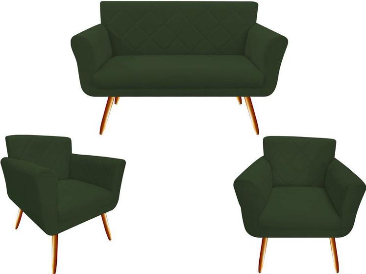 Imagem de Kit Namoradeira + 2 Poltronas Decorativa Sabrina Suede Verde Pés Madeira Ms Decor