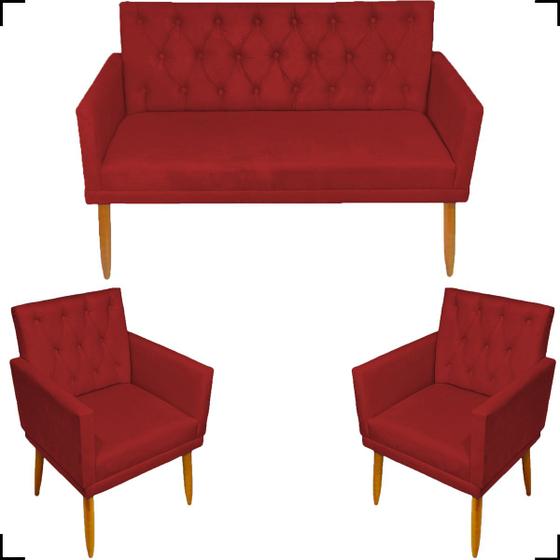 Imagem de Kit Namoradeira + 4 Poltronas Para Sala Decorativas Nina Com Base  E Capitonê Suede Cores Pé Castanho - Clique E Decore 