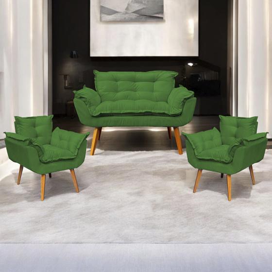 Imagem de Kit Namoradeira Decorativa Para Sala + 2 Poltronas Reforçadas Para Amamentação Alice Suede Cores Pé Castanho