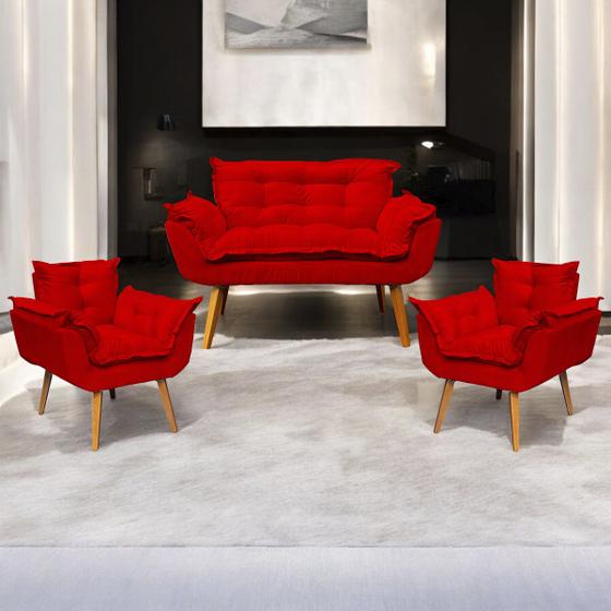 Imagem de Kit Namoradeira Decorativa Para Sala + 2 Poltronas Reforçadas Para Amamentação Alice Suede Cores Pé Castanho