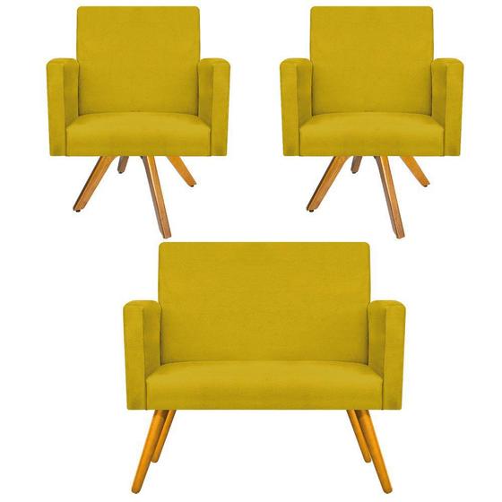 Imagem de Kit Namoradeira e 02 Poltronas Beatriz Base Giratória de Madeira Suede Amarelo - DAMAFFÊ MÓVEIS