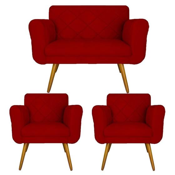 Imagem de Kit Namoradeira e 2 Poltrona Decorativa Sala Comercial Isabella Suede Vermelho - DL DECOR