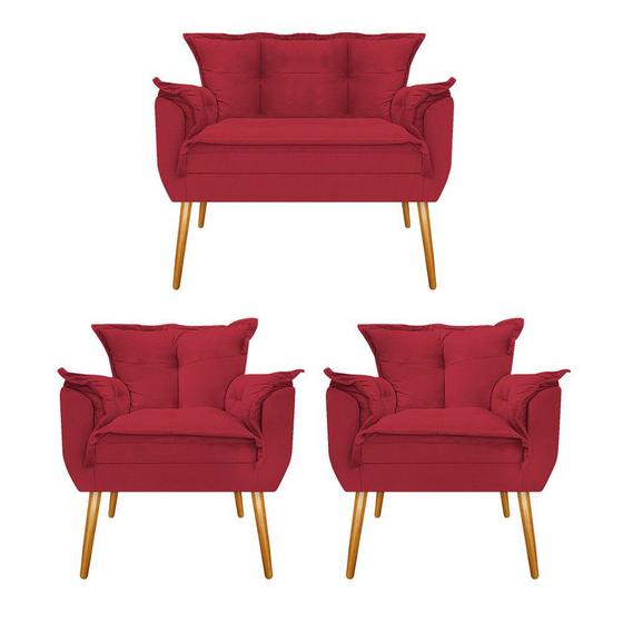 Imagem de Kit Namoradeira e 2 Poltronas Decorativas Apolo Pés Palito Mel Suede Vermelho - DAMAFFÊ MÓVEIS