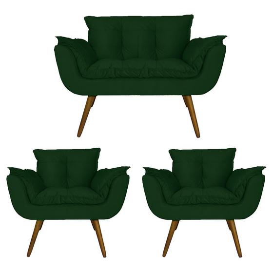 Imagem de Kit Namoradeira e 2 Poltronas Estofadas Hall de Entrada Opala Suede Verde - LM DECOR