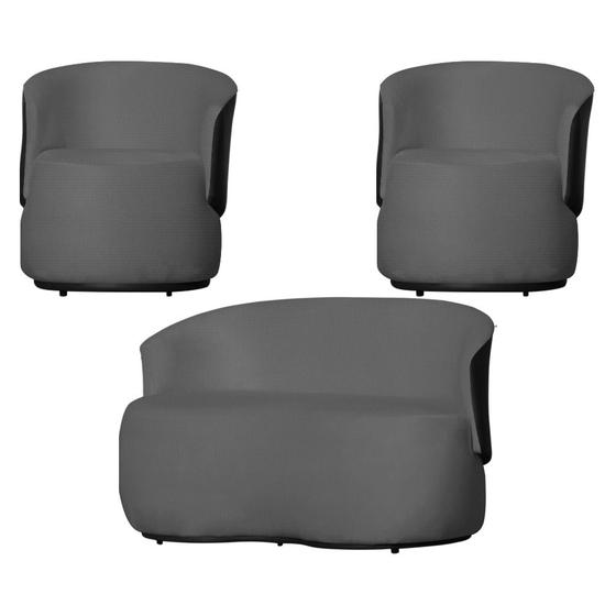 Imagem de Kit Namoradeira e 2 Poltronas Orgânica Aisha Suede Cinza Composê Corano Preto - DL DECOR
