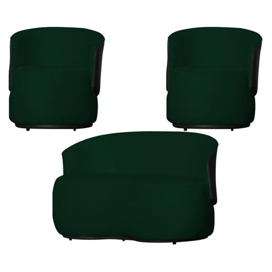 Imagem de Kit Namoradeira e 2 Poltronas Orgânica Aisha Suede Verde Composê Corano Preto - DL DECOR