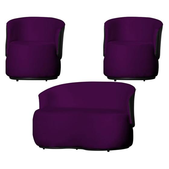 Imagem de Kit Namoradeira e 2 Poltronas Orgânica Aisha Veludo Roxo Composê Corano Preto - MB DECOR