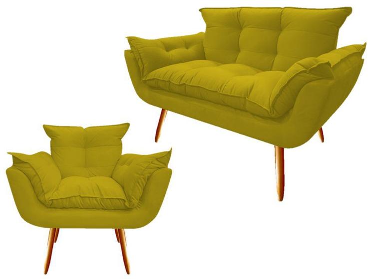 Imagem de Kit Namoradeira + Poltrona Decorativa Opala Suede Amarelo Pés Madeira Mz Decor