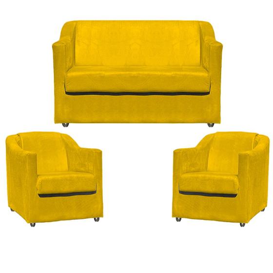 Imagem de Kit Namoradeira Reforçada + 2 Poltronas Decorativas Para Recepção Escritório Suede Cores Pés Cromado