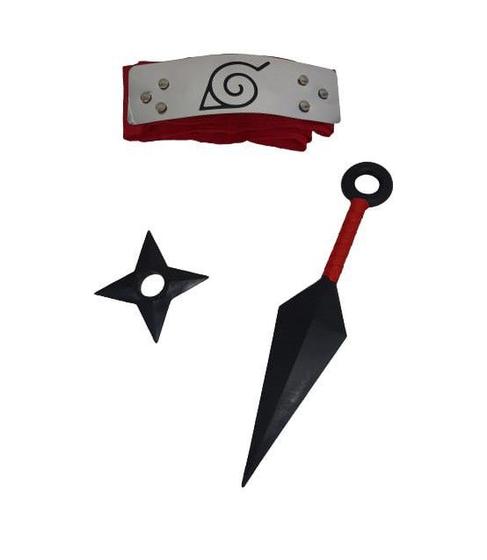 Imagem de Kit Naruto Bandana Vila Da Folha Faixa Vermelha + Kunai Vermelha E Shuriken