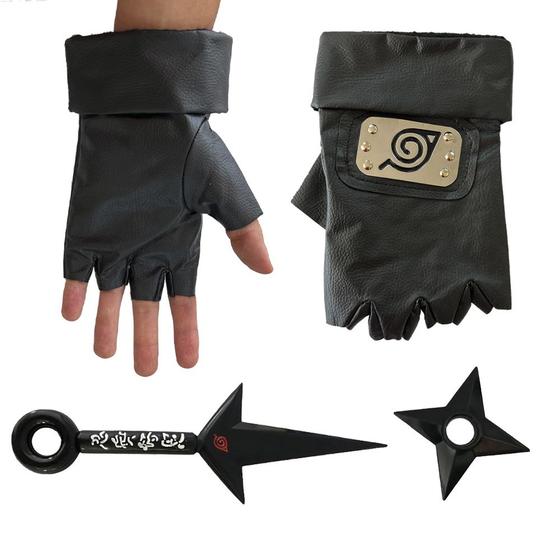 Imagem de Kit Naruto Luva Couro Bandana Folha Kunai Minato e Shuriken