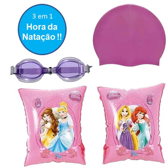 Imagem de Kit Natação Boia Princesas Touca Rosa e Óculos de Natação