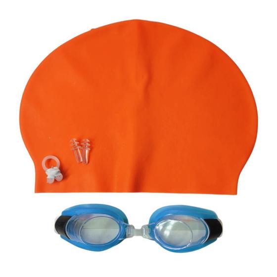 Imagem de Kit Natação Completo 3 Peças - Touca Óculos Protetores - Laranja