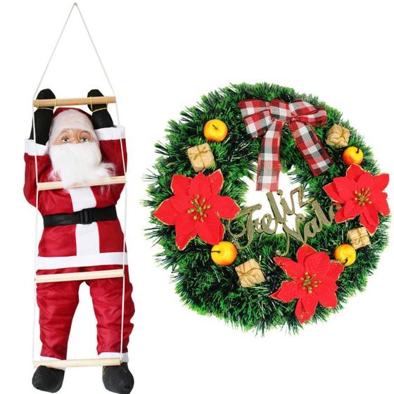 Imagem de Kit Natalino Guirlanda Feliz Natal + Papai Noel Escada 78 Cm