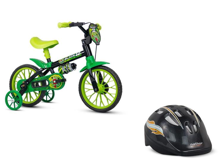 Imagem de Kit Nathor Bicicleta Infantil Aro 12 Com Rodinhas Verde Black12 + Capacete Infantil Preto