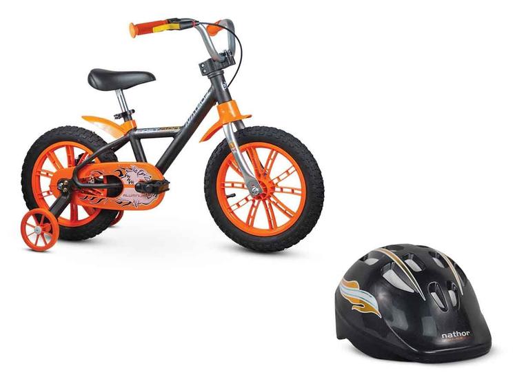 Imagem de Kit Nathor Bicicleta Infantil Aro 14 Com Rodinhas First Pro Menino + Capacete Infantil Preto