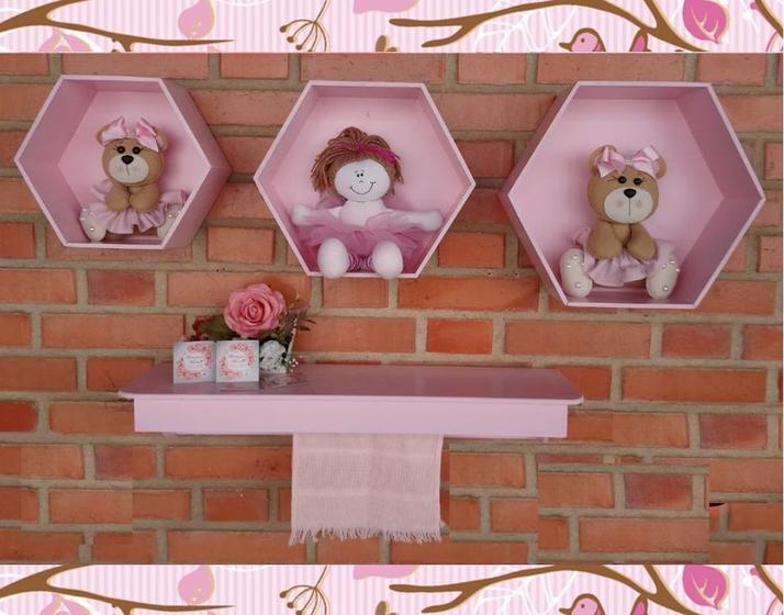 Imagem de Kit Nichos Colmeia Prateleira com Varão MDF - ROSA BB
