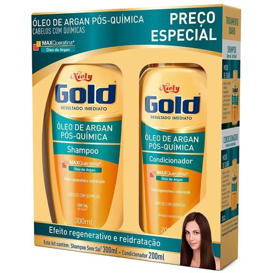 Imagem de Kit Niely Gold 300 Ml + 200 Ml Óleo De Argan Pós-Química