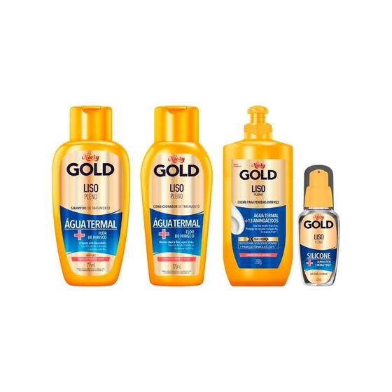 Imagem de Kit Niely Gold Liso Pleno Shampoo+Cond +Pentear +Silicone