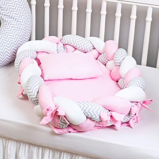 Kit Ninho Para Bebês Redutor De Berço Com Trança Chuva De Amor Rosa