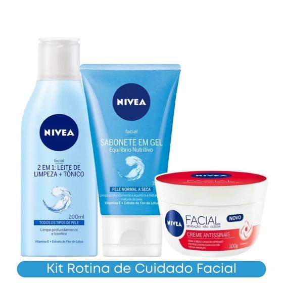 Imagem de Kit Nivea Gel Limpeza Facial Equilíbrio Nutritivo + Tônico Leite de Limpeza 2 em 1 + Creme Hidratante Antissinais